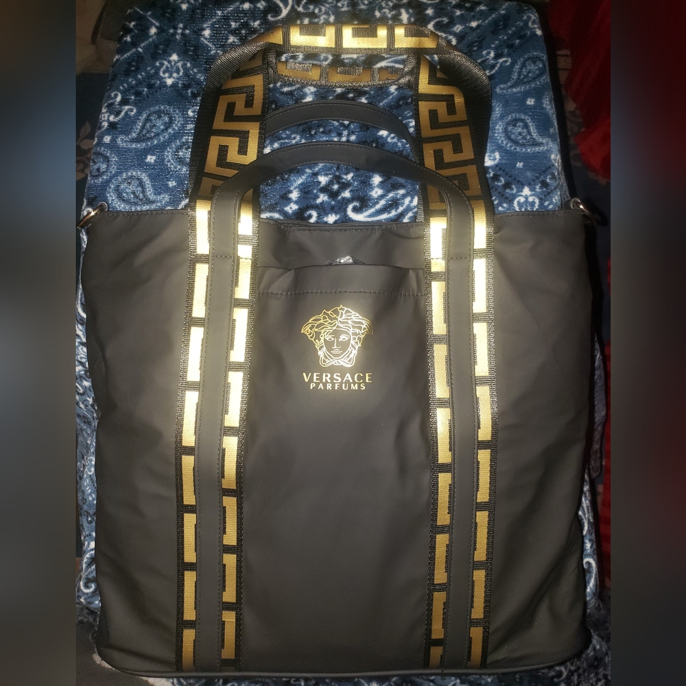 Versace Black and Gold Crossbody Bag with Greek Key Design